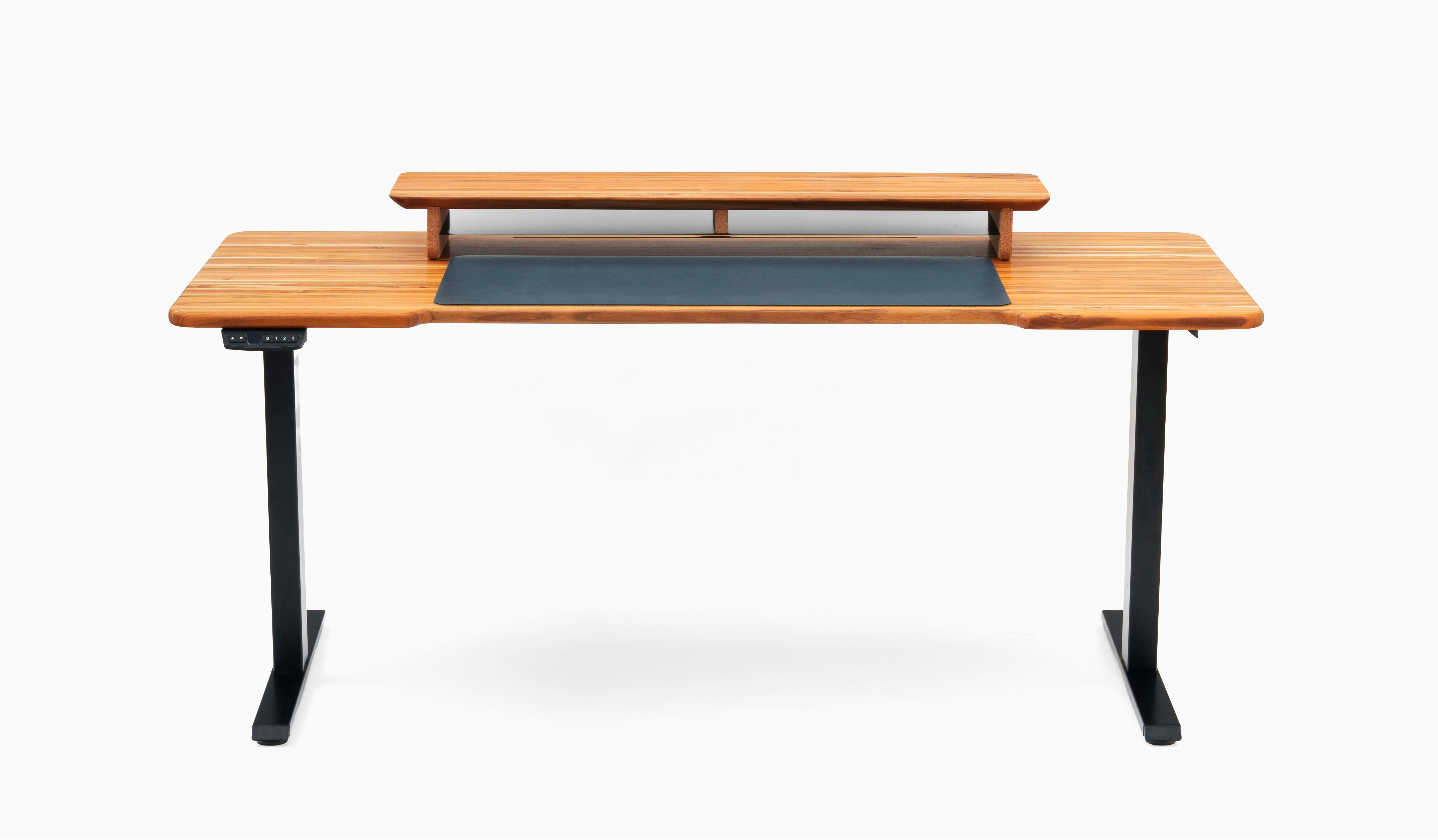 Mesa DS2 Pro preta com tampo Contorno 170, stand linha e deskpad de couro azul